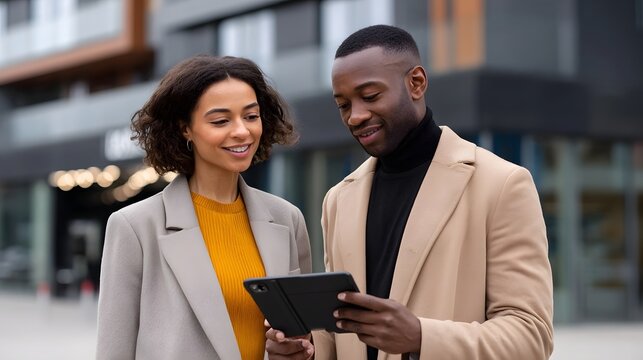 A young, stylishly dressed couple standing on a city sidewalk, engaged in a conversation while one person holds a smartphone, suggesting a digital interaction or in an urban environment.