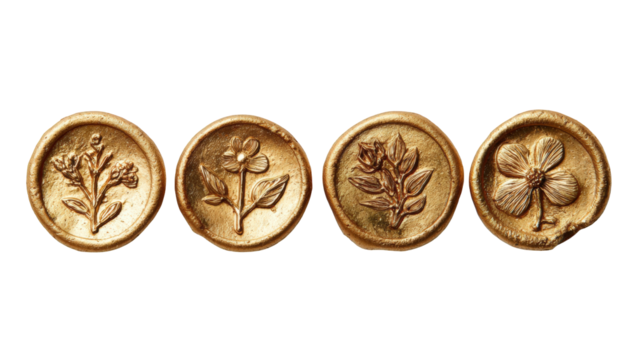 Decorative gold-toned seals with embossed floral designs - Powered by Adobe