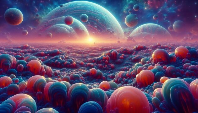 A Landscape of Pulsating Gelatinous Sacs Under a Triple Sunset S