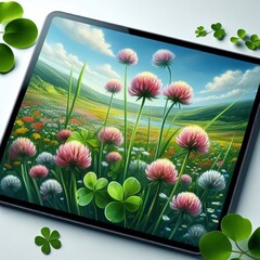 A meadow of clover blooming across a touchscreen stems breaching
