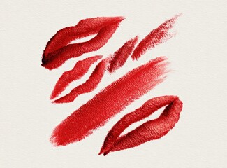 Abstract lipstick smudges. Lip prints in various positions. Red lipstick strokes on a light background. Paint-like effect