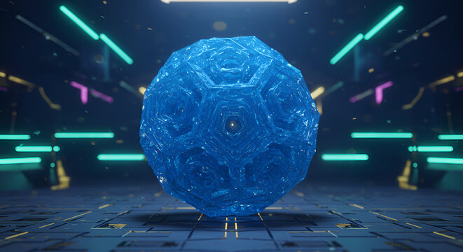 A futuristic crystal dodecahedron glowing in a neon-lit technological environment