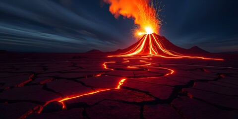 Explosive Volcano Eruption with Flowing Lava at Night