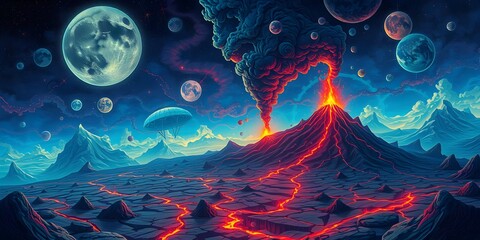 Surreal Fantasy Landscape with Volcanic Eruption and Moons
