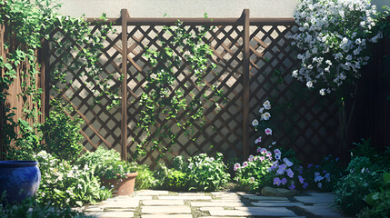 A wooden lattice fence with climbing plants in a sunny garden setting.