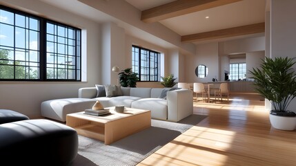 Spacious and inviting modern living room with minimalist furniture, large natural light creating a calm and relaxing atmosphere.