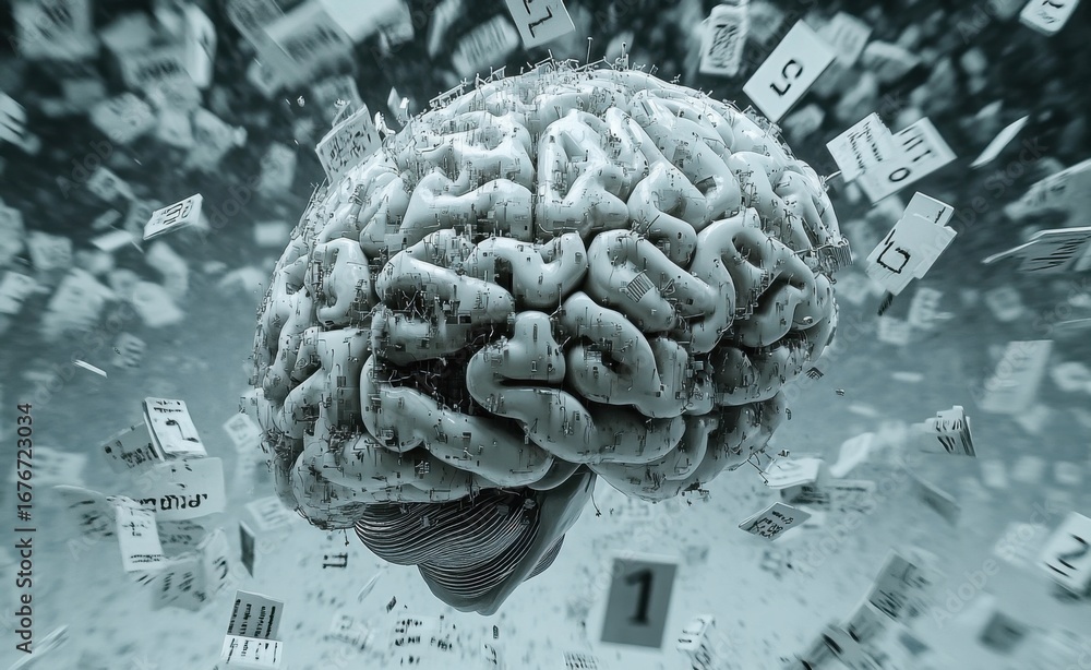 Poster digital representation of a brain surrounded by conceptual data elements