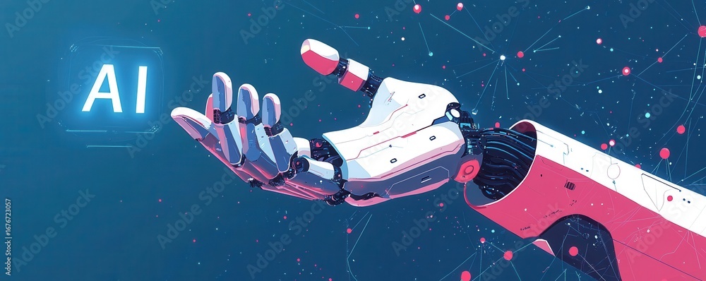 Poster robotic hand reaching towards glowing ai text with futuristic background