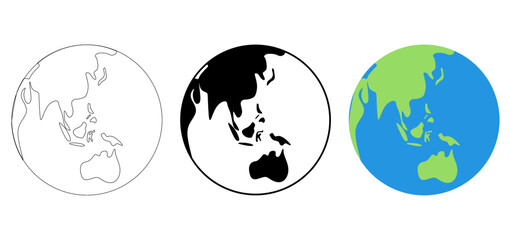 Globe icon set. Earth symbol collection. Earth icon line, silhouette, and flat color style.