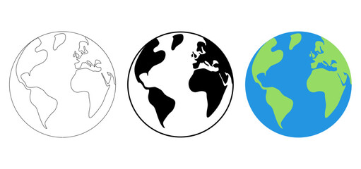Globe icon set. Earth symbol collection. Earth icon line, silhouette, and flat color style.