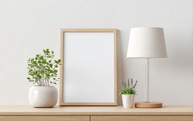 A minimalist still life featuring a blank framed print, a lamp, and two small potted plants on a light wooden surface against a white wall