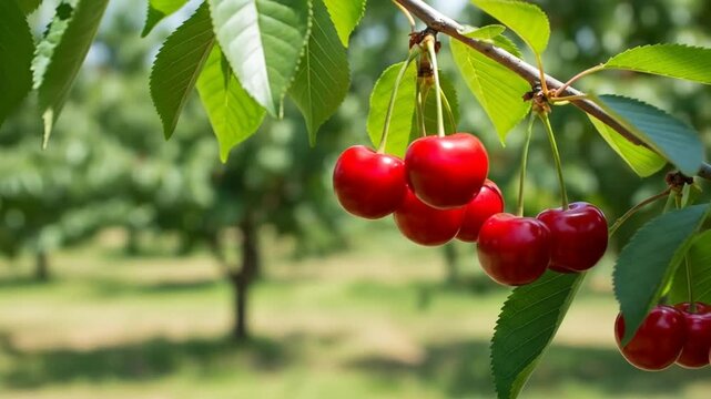 Close-up of ripe red cherries hanging from a branch with green leaves in a sunny orchard background.