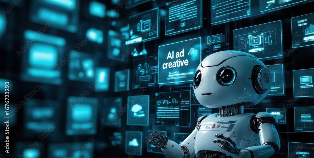 Aufkleber humanoid robot surrounded by digital screens displaying ai and innovative concepts