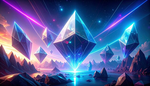 Floating polygonal crystals connected with light trails, sci-fi tech aesthetic