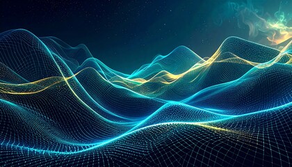 Futuristic mesh grid forming a wave of glowing digital particles, dynamic movement
