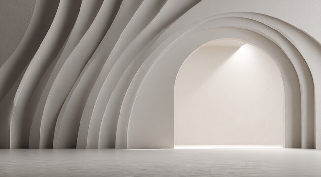 A minimalist, light-filled interior space.  Layered, sculpted, arched wall panels create a serene, elegant atmosphere.  A doorway-like archway leads to a blank, bright space