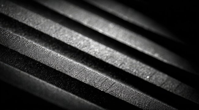 Close-up view of parallel, textured lines.  Dark, diagonal bands with a slightly rough surface.  Strong contrast between light and dark areas