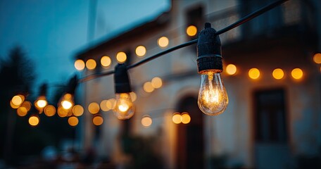 String lights illuminate a courtyard at dusk.  Warm, golden light from Edison-style bulbs strung across a patio.  Blurred background of buildings and  garden area.  Twilight ambiance