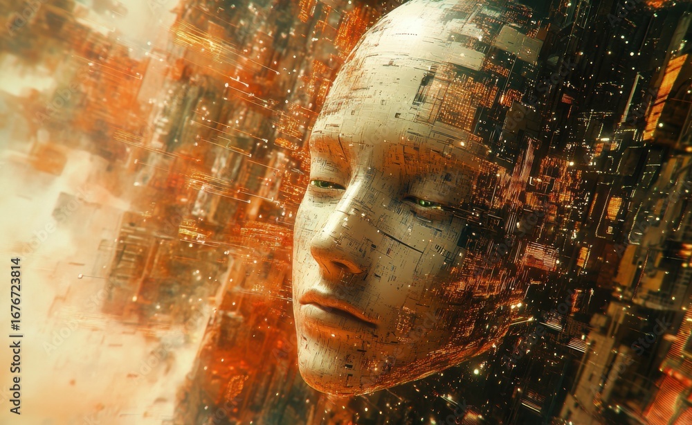 Poster futuristic depiction of an ai robot face with digital and abstract elements