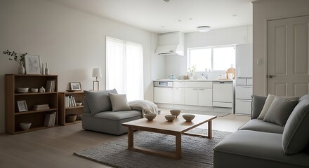 Fototapeta premium Bright, modern open-plan living space and kitchen with minimalist design, featuring comfortable sofas, wooden coffee table, and an inviting atmosphere for contemporary home life