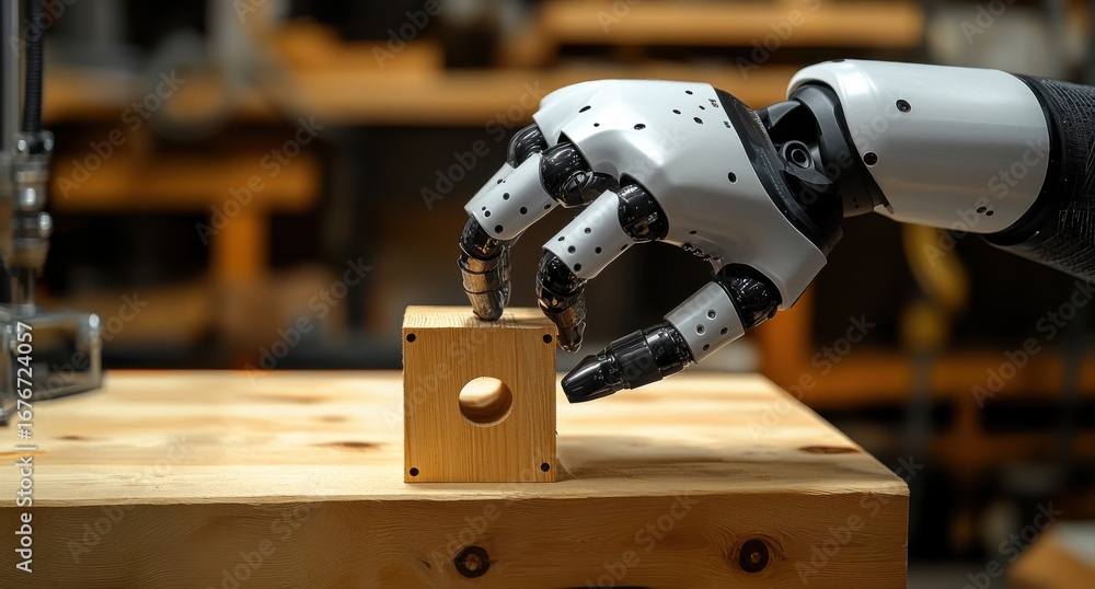 Aufkleber artificial intelligence robot hand holding a wooden block in a workshop setting