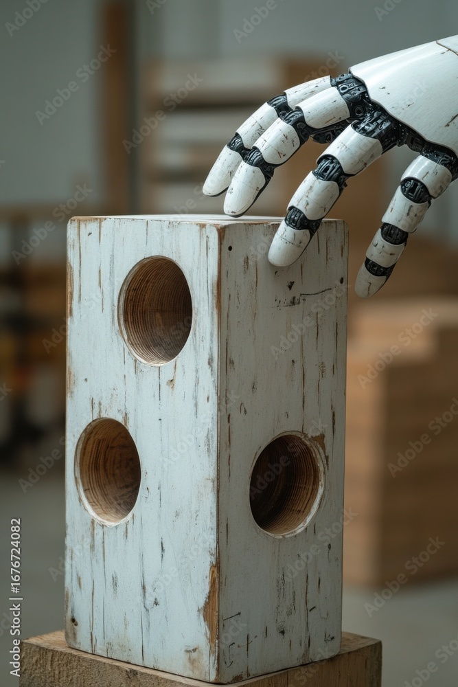 Poster artificial hand interacting with uniquely designed wooden block