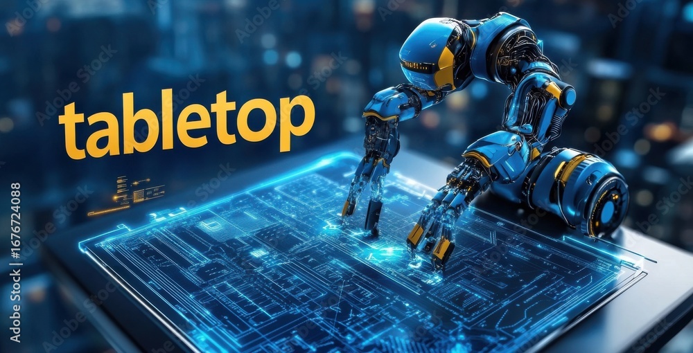 Poster robotic machine interacting with holographic touchscreen interface in futuristic setting