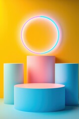 Vibrant geometric podiums with neon circle on yellow background