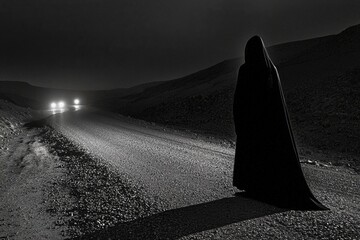 Cinematic night scene with hooded silhouette under streetlights