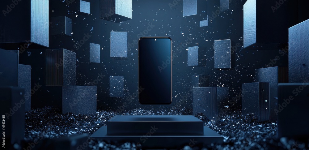 Poster black smartphone surrounded by floating blocks in a futuristic design