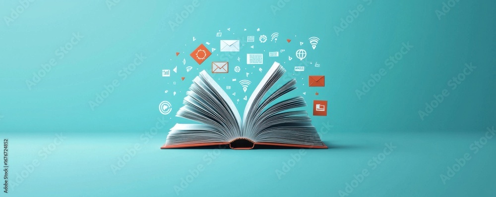 Poster open book with digital icons representing knowledge and technology integration