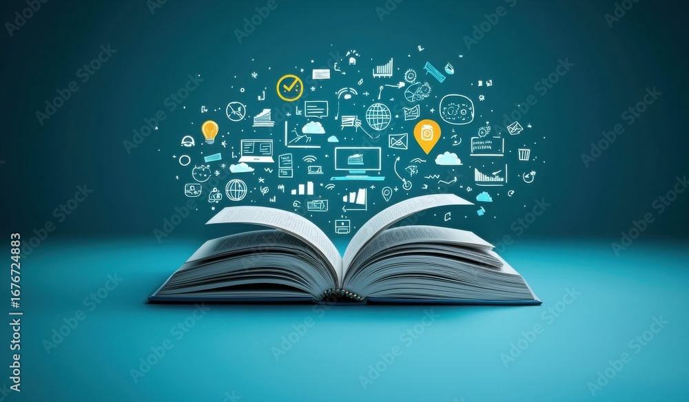 Poster Open book with flying digital icons symbolizing knowledge and information flow