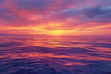 Fototapeta premium Sunset over the sea, A beauty of a sunset over the ocean, showcasing the sky ablaze with vibrant hues of orange, pink, and purple, reflected in the rippling waters below. 