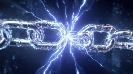 blockchain chain links forming closed loop around stylized AI core blue energy pulses secure technology theme illustration concept scene visual for commercial design use high detail quality stock img