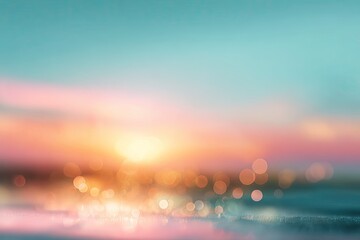 Blurry sunset over the ocean. Soft, vibrant colors blend in a dreamy, out-of-focus vista of a tranquil sunset scene, with bokeh effects over water and sky