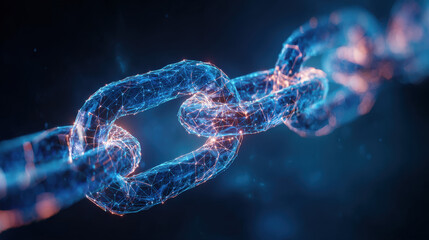 blockchain chain links forming closed loop around stylized AI core blue energy pulses secure technology theme illustration concept scene visual for commercial design use high detail quality stock img