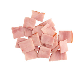 cooked and smoked ham isolated on white background, top view, pieces of cold smoked meat for any design