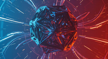 Abstract geometric shape with vibrant blue and red lights in a dynamic tunnel