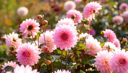 Vibrant pink dahlias blooming in a lush garden, surrounded by greenery and soft sunlight
