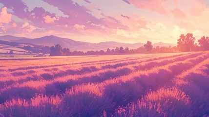 Obraz premium Lavender fields at sunset in anime-style illustration