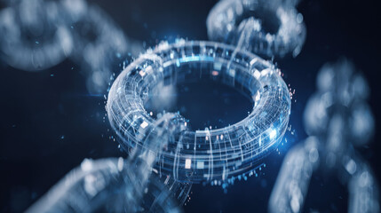 blockchain chain links forming closed loop around stylized AI core blue energy pulses secure technology theme illustration concept scene visual for commercial design use high detail quality stock img