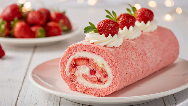 Pink strawberry swiss roll cake with cream and berries