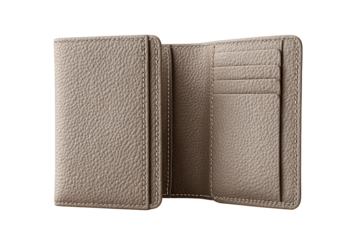 A taupe vegan leather passport holder shown open with blank card slots and stitched edges, isolated on transparent background.
