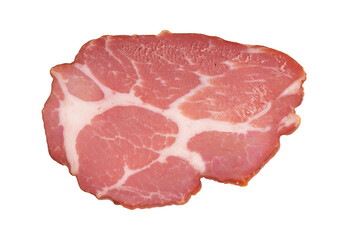 slice of pork neck cured isolated on white background, close up