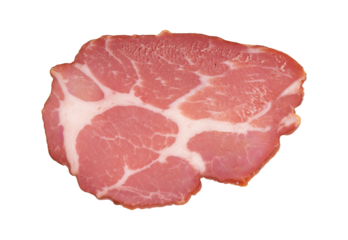 slice of pork neck cured isolated on white background, close up