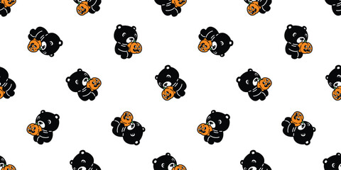 bear seamless pattern polar pumpkin halloween jack o lantern vector doodle cartoon black teddy tile background gift wrapping paper scarf isolated repeat wallpaper illustration design