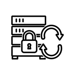 Secure Data Storage: A graphic representation of a data server stack and padlock, with circular arrows, symbolizes data protection and information security.