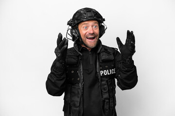 Middle age SWAT man isolated on white background with surprise facial expression