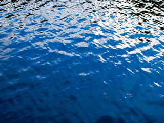 Abstract Water Surface with Sky and Clouds Reflection Creating Ripple Patterns - Blue Nature Background.