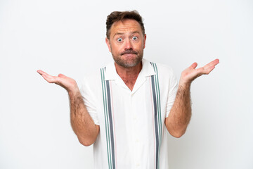 Middle age caucasian man isolated on white background having doubts while raising hands